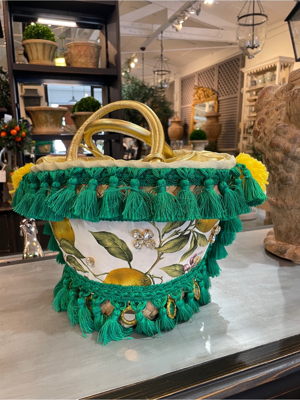 Tizzini x Authentic Provence Woven Straw Tassel Tote Bag in Green & Yellow, Ital - Picture 4 of 10